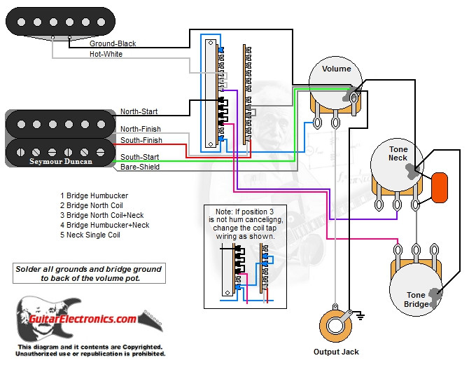 1 humbucker 1 single coil 5 way lever switch 1 volume 2 tones 01 2 Humbucker 1 Volume 1 T-One Wiring click to enlarge